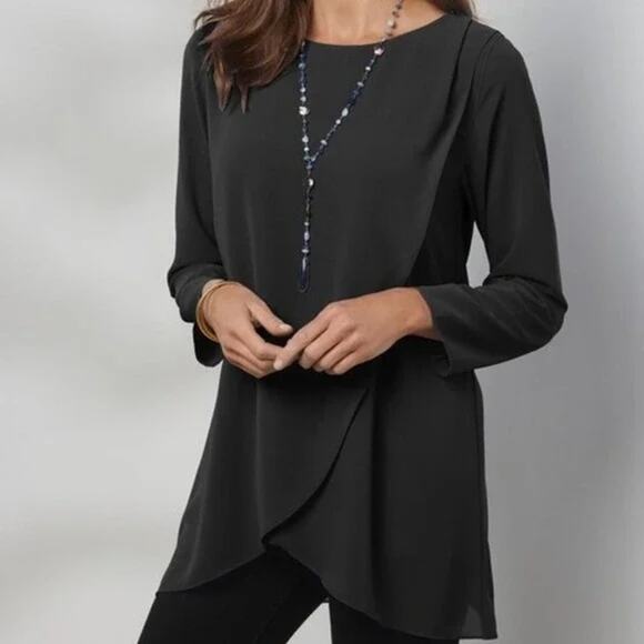 Soft Surroundings Blouse Women Medium Black Belvedere Tunic Sheer Sleeve - Picture 2 of 10